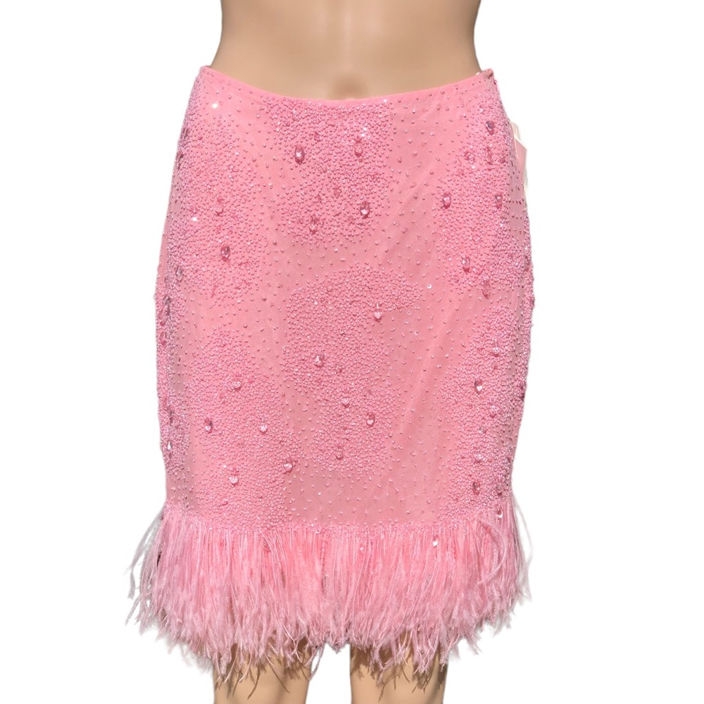 ESCADA NWT pink beaded skirt with feather hemline Sz S See description